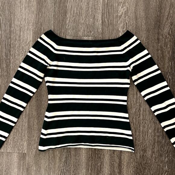 H&M Green Cream Black Striped Off-Shoulder Knit Top Long Sleeve Stretch Pullover - Picture 8 of 9